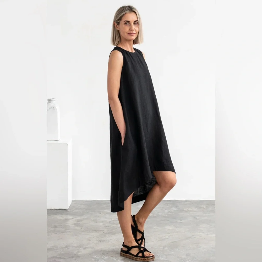 Magic Linen ROYAL TOSCANA LINEN DRESS IN BLACK - Size Medium - Picture 1 of 5